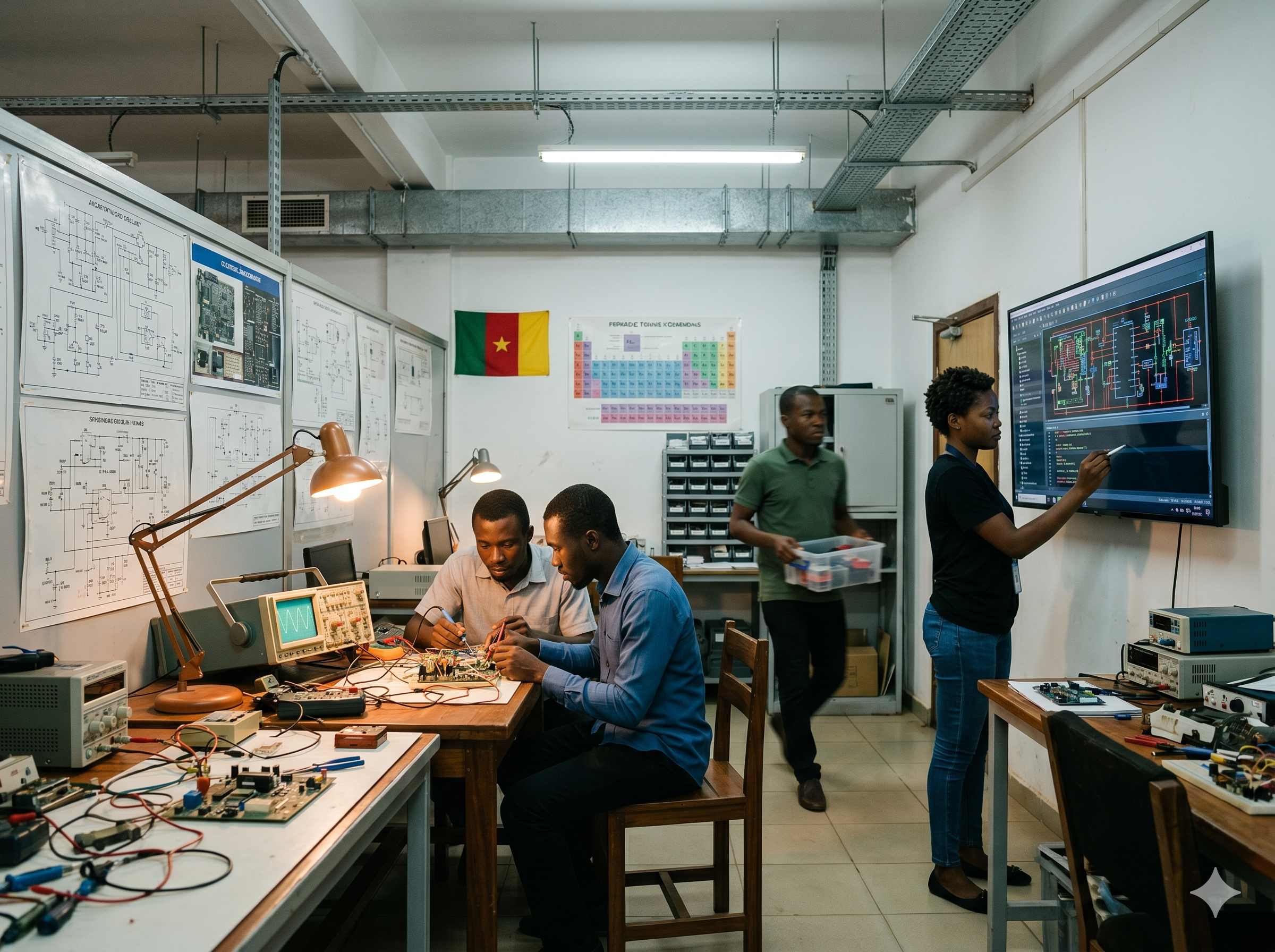 SkillForge engineering lab with Cameroonian engineers and Cameroon flag
