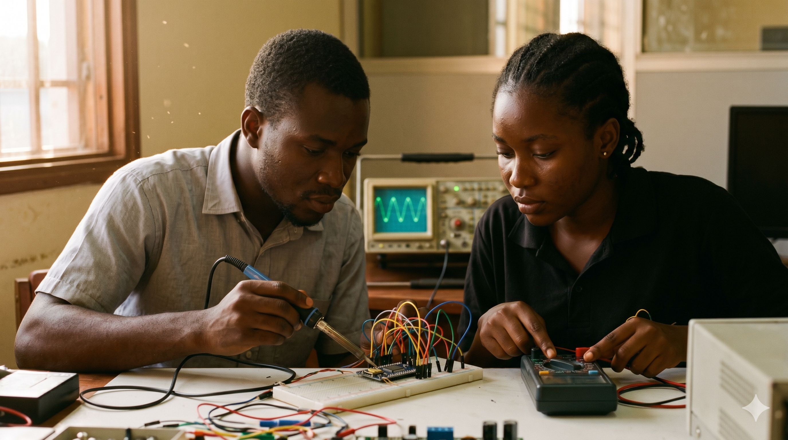 Cameroonian engineers working on hardware projects at SkillForge lab Yaoundé